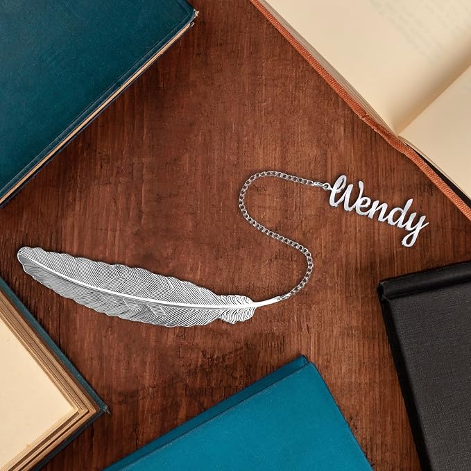 Custom Feather Bookmark Personalized Metal Bookmark with Name Pendant, Gold Silver Customized Gift for Bookworms, Teachers, Women Includes Gift Box