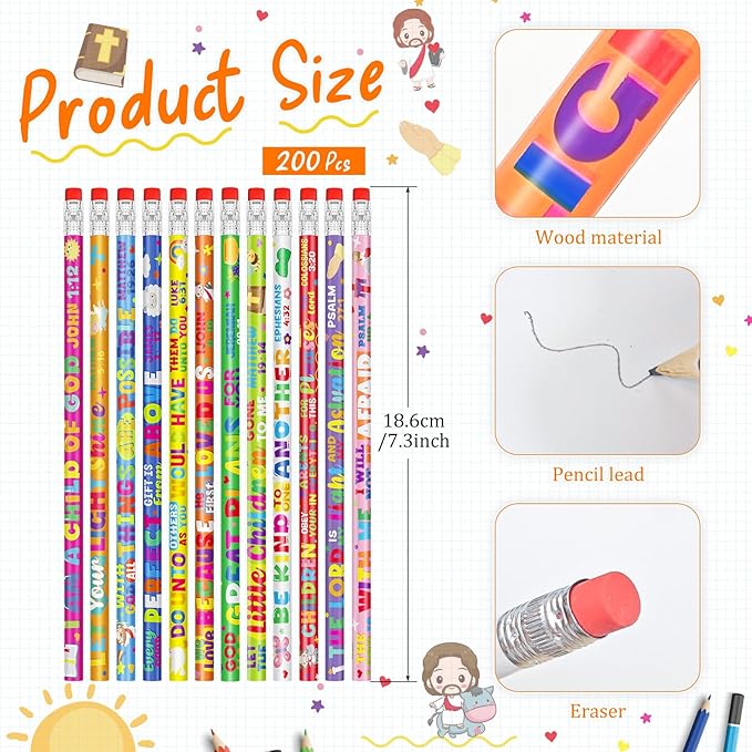 Cinrobiye 200 PCS Bible Pencils Bulk,Christian Gifts Wood Pencils with Erasers Inspirational Religious Supplies for School Prizes Classroom Exchange Gift Party Favors,Stationary Gifts
