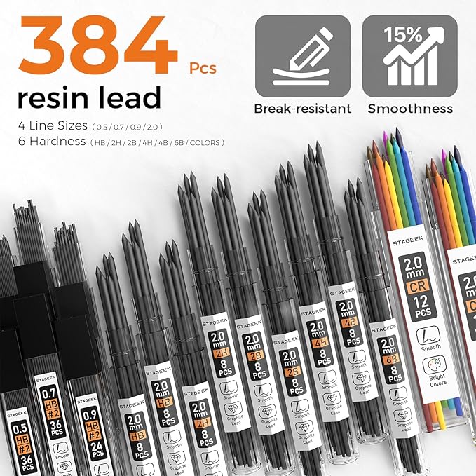 STAGEEK 35PCS Black Art Mechanical Pencil Set in Case，0.5 0.7 0.9 2.0 Graphite Metal Drawing Drafting Pencils, Sharpener Erasers 384PCS Lead Refills (6B 4B 2B HB 2H 4H Colors) for Writing Sketching