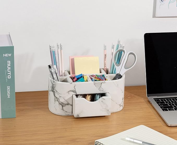 My Space Organizers Marble Desk Organizer For Office Supplies Desk Accessories - Pencil Pen Holder Decor - Home School College Organization Desktop Caddy - Faux Leather