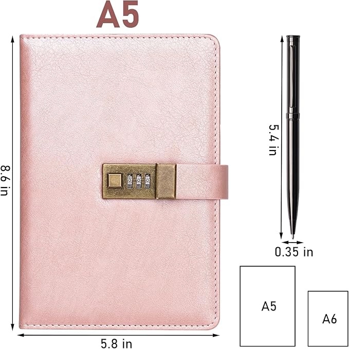 WEMATE Diary with Lock, A5 PU Leather Journal with Lock 240 Pages, Vintage Locks Journal Password Notebook with Pen, Locks Diary Planner Organizer for Men and Women, 8.6x5.8in