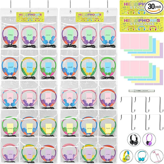 [2-Pack] Classroom Headphone Storage Organizer - 30 Pockets Over The Door Hanging Chart | Durable Headset Holder for Teachers | Clear PVC Pockets | School Supplies & Cell Phone/Calculator Storage