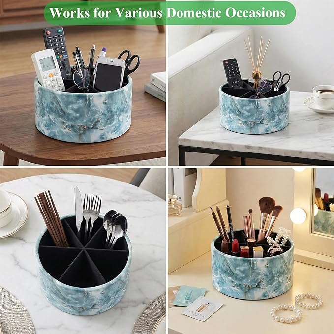 Remote Control Holder, 360°Spinning PU Leather Desk TV Remote Caddy,Desk Storage Box Room Accessories for Controller, Media,Mail,Calculator, Mobile Phone,Pencil(1-Big Marble Green)