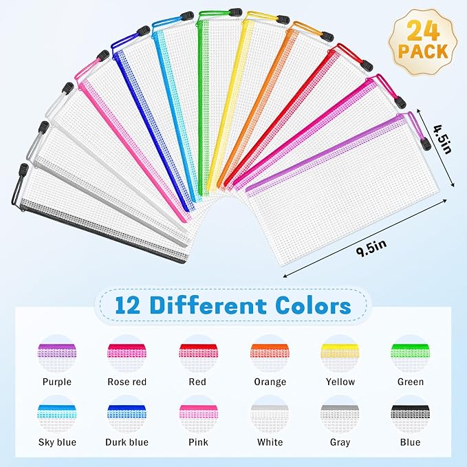 Shyling 24 Pack Pencil Pouch Bulk, 9.5" x 4.5" Mesh Zipper Pouch Pencil Case, 12 Colors Waterproof Small Zipper Pouches for School Supplies Storage, Travel, Cash, Cosmetics, Office Organization
