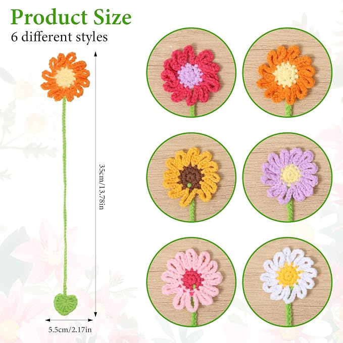 Ouligay 6 Pack Crochet Bookmarks for Women Daisy Sunflower Book Marker Personalized Handmade Cute Bookmark Gifts for Book Lovers and Teachers,Bag Charms,Keychain