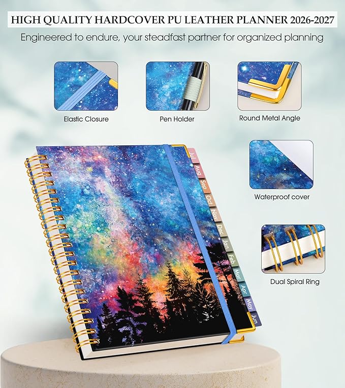 Academic Planner 2026-2027, Hardcover Leather Weekly and Monthly Calendar Planner from July 2026 - June 2027, A4 8.5" x 11" Daily Agenda with Tabs, College School Organizer for Student Teacher, Forest Under a Starry Sky