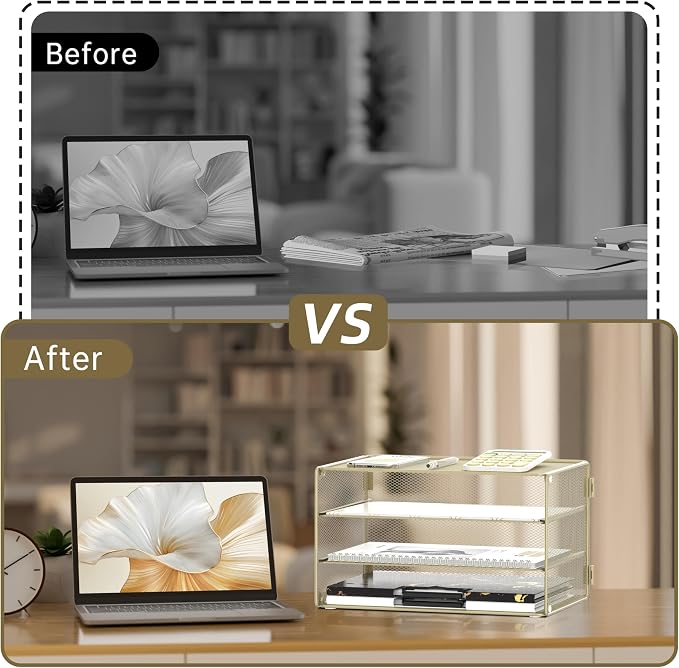 DALTACK 3 Tier Letter Tray Paper Organizer for Desk, Mesh Metal Desk File Organizer with Sliding Trays for Letter/A4 Paper, Mail, Bills & Folders, Yellow