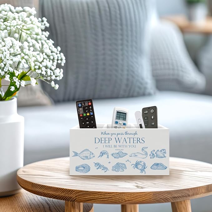 Coastal Beach Christian Bible Verse Pen Holder, Christian Gifts Office Pen Pencil Holder Organizer for Desk Accessories, Ocean Religious Wooden Box Desk Decor for Home Office Desk Decorations