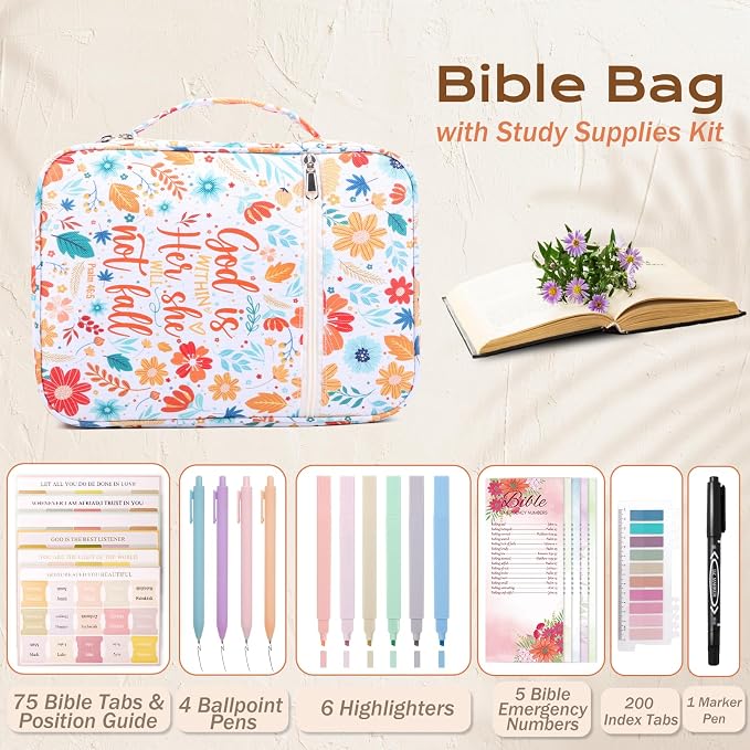 XKDOUS Bible Cover Case for Women Floral Pattern Bible Bag with Handle, Pens & Tabs, Study Supplies Carrying Case Organizer Portable Church Book Holder