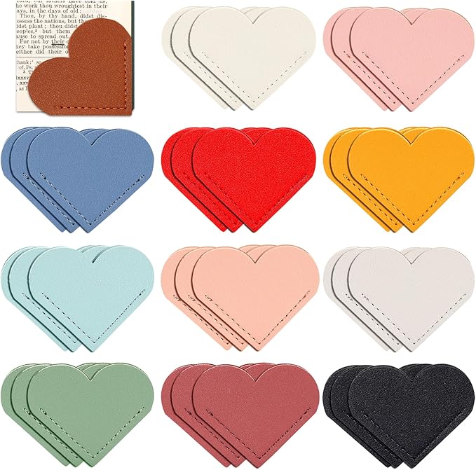 36 Pcs Leather Heart Bookmarks - 12 Colors Cute Corner Page Book Marks for Women, Students, Teachers, Book Lovers, Reading Accessories, Unique Gifts for Readers (3 of Each Color)