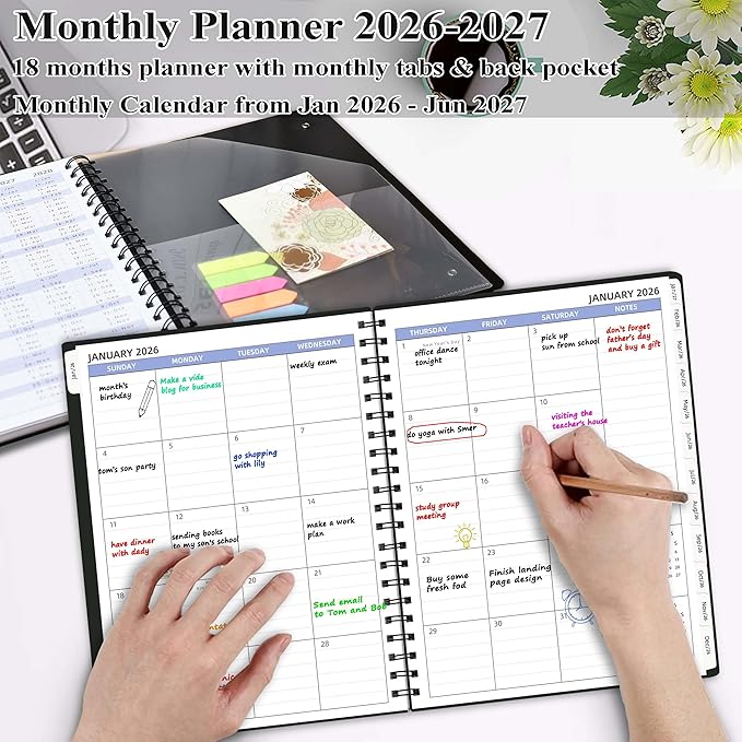 2026-2027 Monthly Planner (7.6'' x 9.6''), from Jan 2026-Jun 2027, 18 Months Calendar 2026 Planner, Agenda Book with Tabs & Pocket, Black