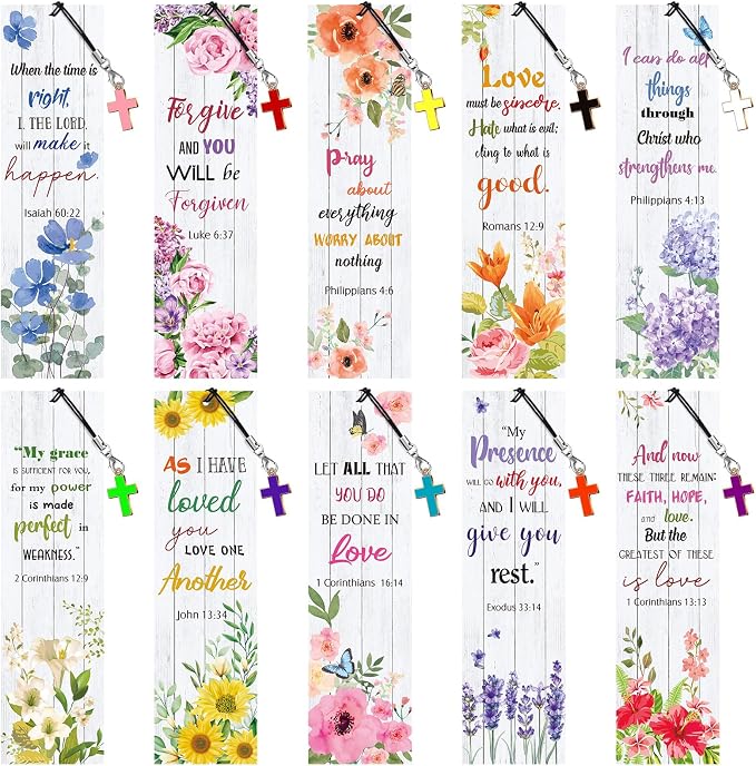 Gersoniel 30 Pcs Christian Bookmarks for Women Bible Verse Inspirational Scripture Bookmark Bulk Religious Page Marker with Cross Pendant for First Communion Mother Day Church Gift(Flower Style)