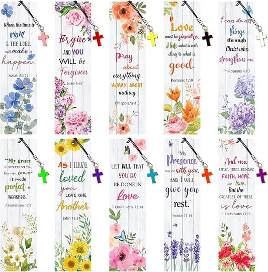 Gersoniel 30 Pcs Christian Bookmarks for Women Bible Verse Inspirational Scripture Bookmark Bulk Religious Page Marker with Cross Pendant for First Communion Mother Day Church Gift(Flower Style)