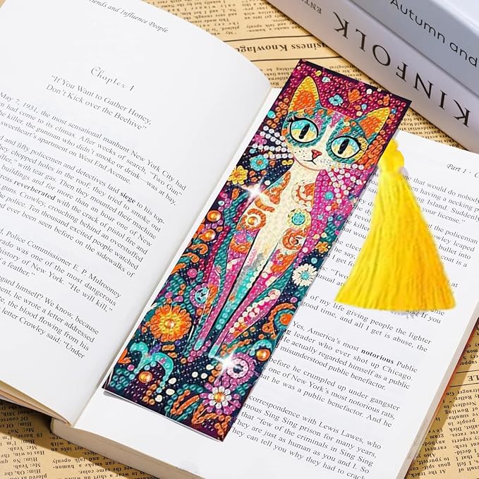 Puraikcmi 6 PCS 5D DIY Diamond Art Bookmarks Kit Cats Diamond Paintings Bookmarks Kits with Tassels Acrylic, Rhinestone Crafts Decoration Gift Set for Book Lovers Beginners & Adults