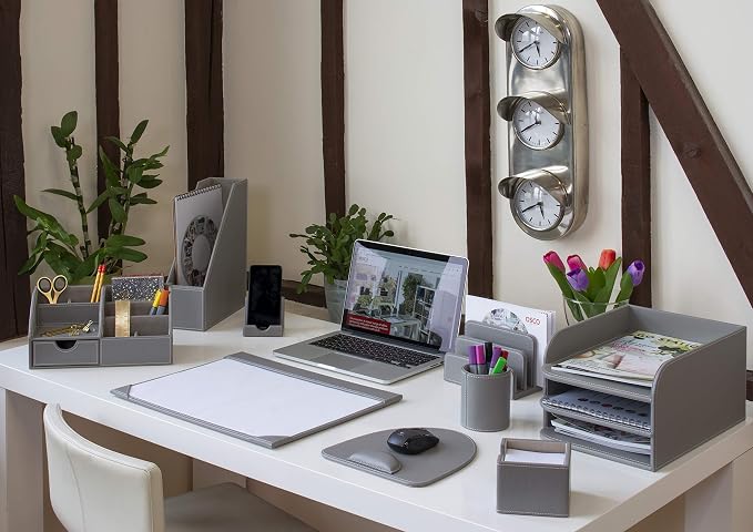 Osco Grey Faux Leather Pen Pot, Desk Tidy Pencil Holder, Office Organiser, Makeup Brush Holder, Stationery Storage, Cosmetics Display, Home Office Accessories, Compact Desk Organiser