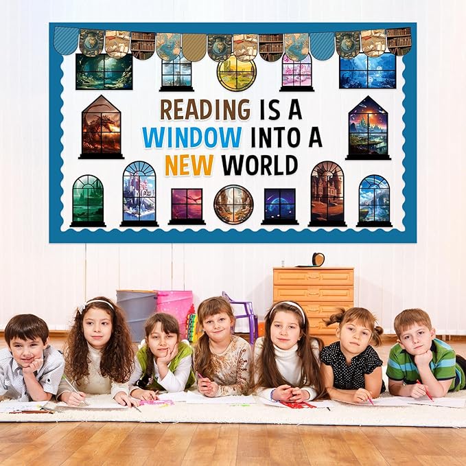 Reading Bulletin Board Set Back to School Classroom Decoration Reading is A Window Into A New World Cutouts Educational Motivational Kindergarten Elementary School Classroom Chalkboard Wall Door Decor