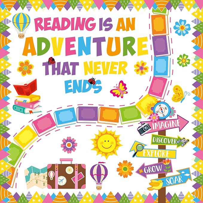 Honoson 55 Pcs Spring Bulletin Boards Reading is an Adventure Bulletin Boards Colorful Floral Cutouts Decors for Apirl Spring Back to School Library Home Chalkboard Wall Decoration (Book)