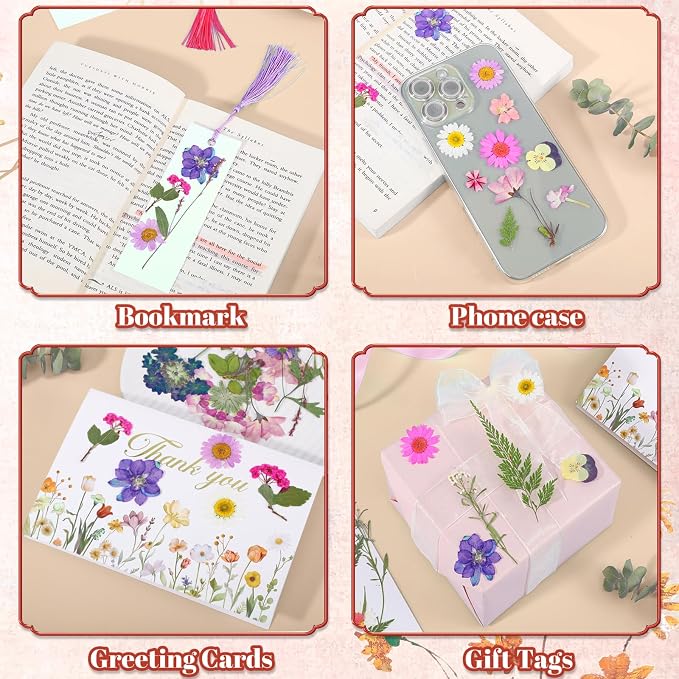 60 Pcs Kraft Paper Blank Bookmarks, DIY Pressed Flower Craft Bookmarks Set, Dried Floral Book Mark Making Kit, with 40 Pcs Pressed Flowers, 30 Pcs Tassels, 1 Roll Ribbon, 1 Roll Twine, 1 Pcs Tweezers