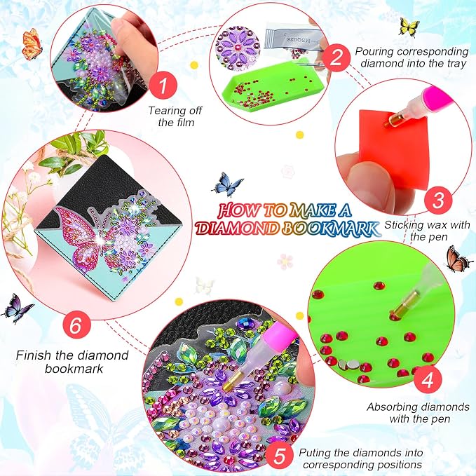 Ireer 8 Pcs Diamond Art Bookmark Kit Butterfly Diamond Painting Bookmark DIY Corner Book Marks for Kid Adult Book Lover Graduation Birthday Wedding Crafts Supplies, 8 Styles
