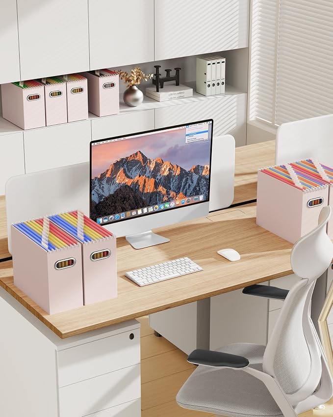 Oterri File Organizer Box, Portable Collapsible Cardboard File Folder Organizer with Handle for Letter Size Hanging Files, Document Storage Box for Home Office & Classroom (2 Packs, Light Pink)