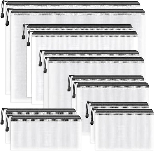Umriox Zipper Bags, 6 Assorted Size (Black, 12 Packs), Project Bags for Cross Stitch, Mesh Zipper Pouch for Office Supplies Travel Accessories and Board Games Storage