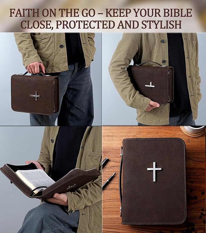 Vegan Leather Bible Cover Case, Bible Bag with Phone Pocket, Bible Case for Men Women, Christian Gift Box Packaging (Brown)