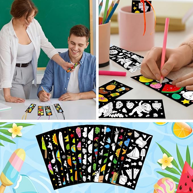 Frienda 80 Pcs Summer Color Your Own Bookmarks with Ribbon Bulk DIY Coloring Crafts Beach Ice Cream Ocean Fruit Sun Bookmark Blank Paint Decorate for Teacher Summer Party Gift Tags