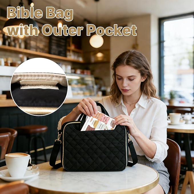 PUGPIU Bible Cover Case for Women, Large Quilted Bible Bag with Shoulder Strap and Handle, Bible Study Supplies Journaling Kit with Highlighters Pens No Bleed Tabs Notebook Cross Clips (Black)