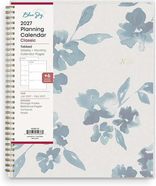 Blue Sky 2027 Weekly and Monthly Planner Calendar, January 2027 - December 2027, 8.5" x 11", Flexible Cover, Laminated Tabs, Durable Twin Wire Binding, Storage Pocket, Bakah Blue