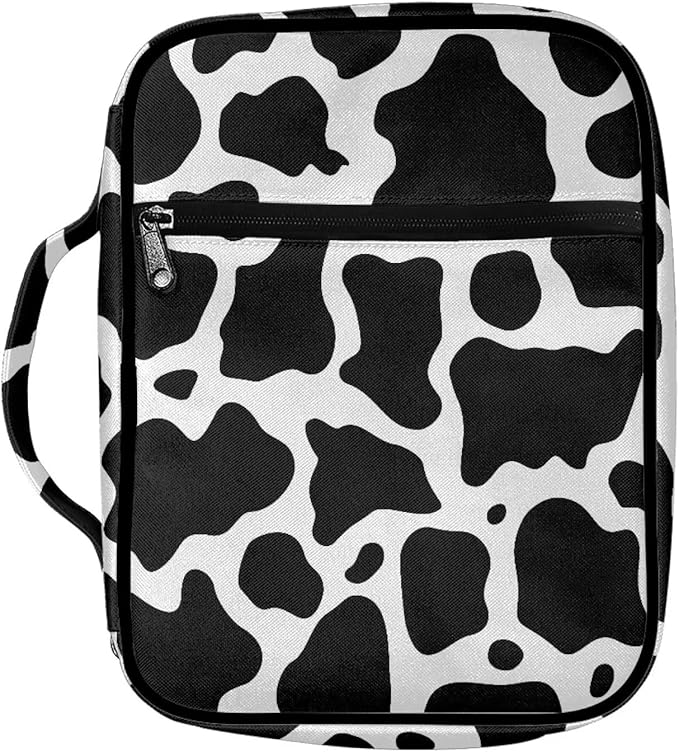 Suobstales Cow Print Bible Cover Carrying Book Case for Women Girls Black White Animal Pattern Bible Bag Bible Protective with Handle and Zippered Pocket