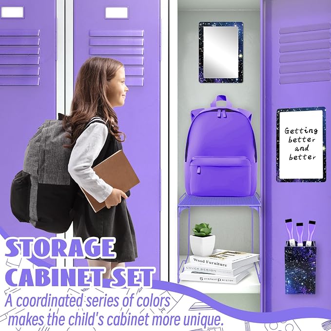 Demonwer 9 Pcs Locker Accessories Kit Purple Starry Sky Locker Organizer Magnetic Whiteboard Mirror Pen Holder Pen for Storage Organizing Shelf Back to School Party Supply