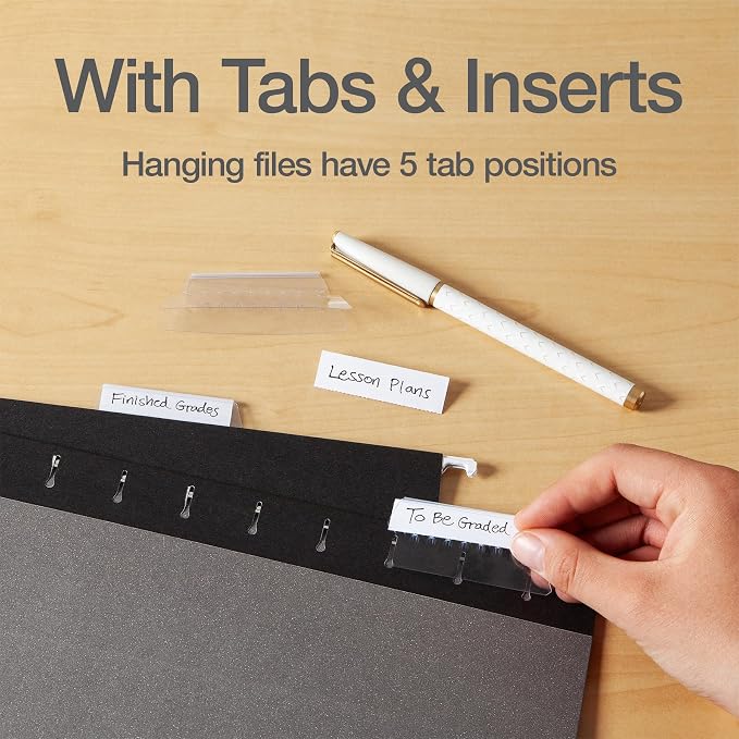 Oxford Hanging File Folders, 6 Pack, Letter Size (8.5" x 11"), Black, 1/5 Cut for 5 Tab Positions, Includes Tabs and Inserts, Hanging Files for Office and Document Organization
