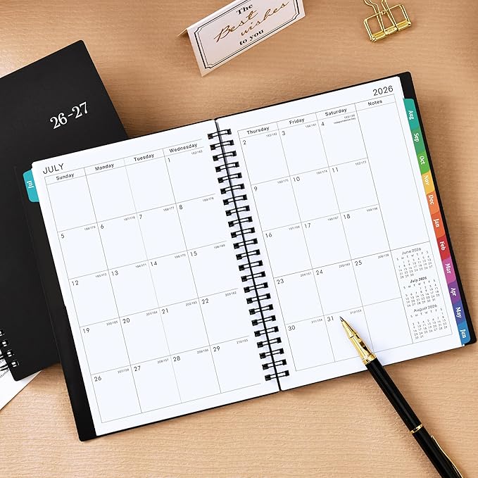 Planner 2026-2027 - Academic Planner 2026-2027, July 2026 - June 2027, 6.3" x 8.4", 26-27 Planner Weekly and Monthly, Colorful Tabs, PP Cover, A5 Thick Paper, Twin-Wire Binding - Black