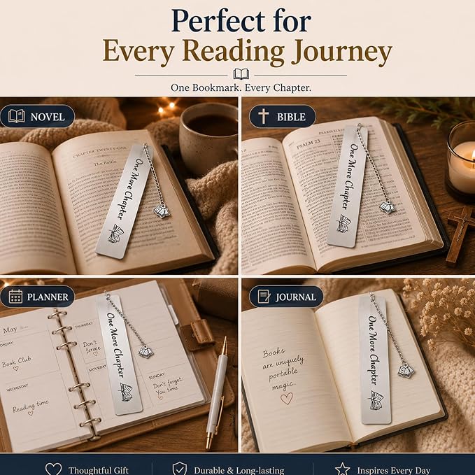 One More Chapter Metal Bookmark, Stainless Steel Book Marker for Women & Men, Book Lover Gifts for Readers, Reading Accessories, Teacher Birthday Retirement Gifts