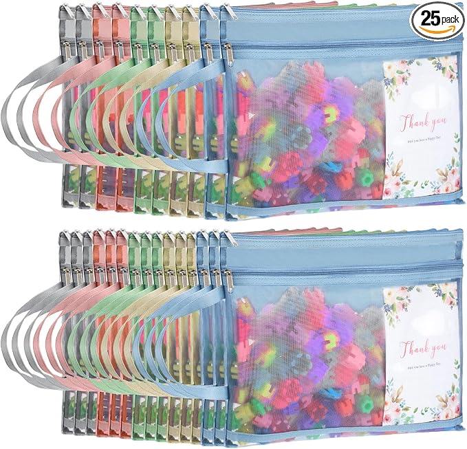 Marspark 25 Pack Colored Mesh Zipper Pouch Bags Double Layer Nylon Puzzle Bags A4 Zipper Pouch with Handle for Toy Organizer Storage School Office(Gray, Blue, Vermilion, Khaki, Green)