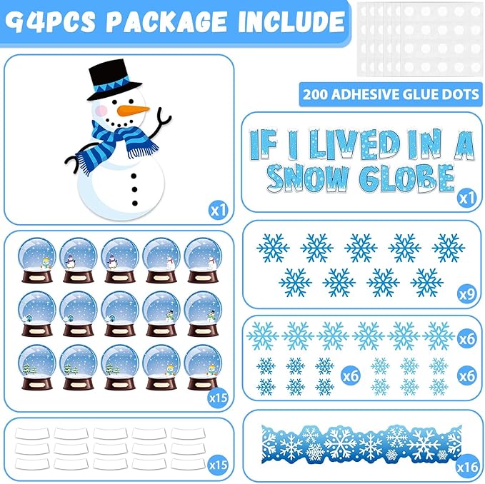 94pcs Winter Bulletin Board Decorations Set Let It Snow Snowmen Paper Cutouts for Posting Photo Globe Cutouts with Snowflakes Borders Christmas January Holiday Classroom Chalkboard Wall Decor Supplies