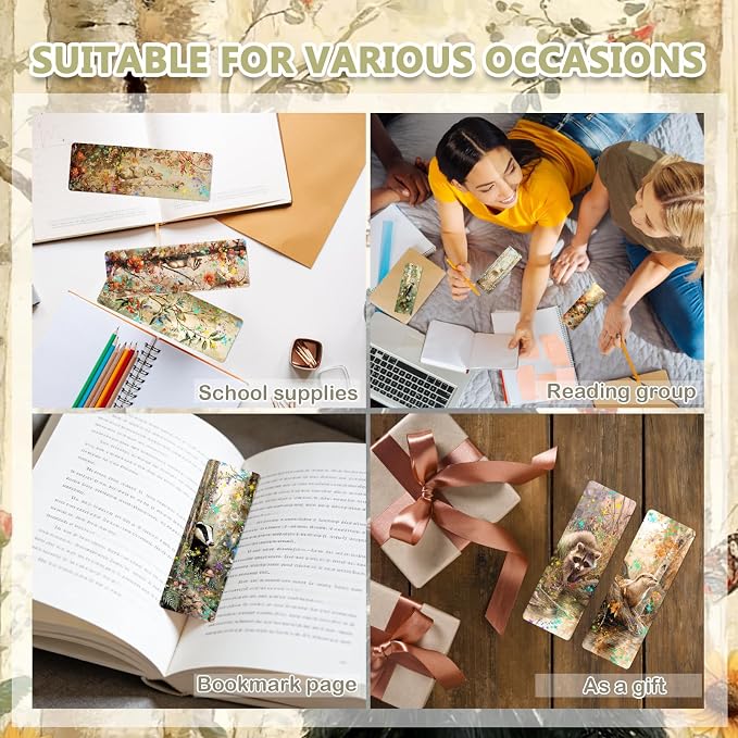 48 Pcs Woodland Animals Bookmarks, Vintage Watercolor Animals Paper Bookmark Bulk for Women Man, Forest Trees Book Mark Gift for Reading Lovers Library Accessories