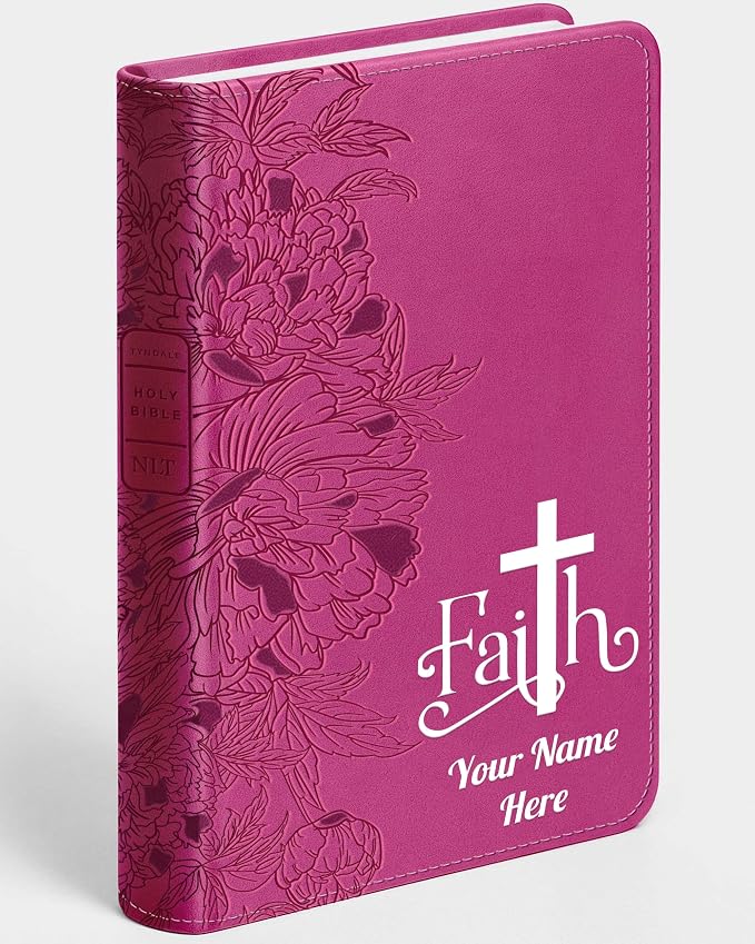 Personalized NLT Bible, Peony Pink Leatherlike, Red Letter, Personal Size Giant Print, Add Your Name