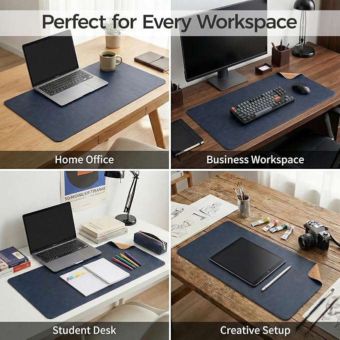 Premium Faux Leather Desk Mat & Tray Set，Innovative Cork-Look Printed Base，Gift Tube Packaging，Full-Desk Coverage，Non-Slip Desk Pad for Office Home（Navy Blue）
