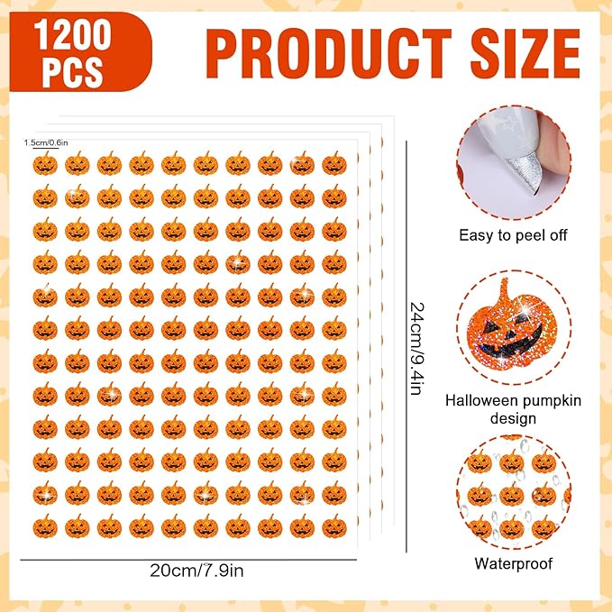 Whaline 1200Pcs Halloween Mini Laser Stickers Orange Pumpkin Self-Adhesive Stickers Sparkly Label Decals for Craft Scrapbook Envelope Card Teacher Reward, 10 Sheets