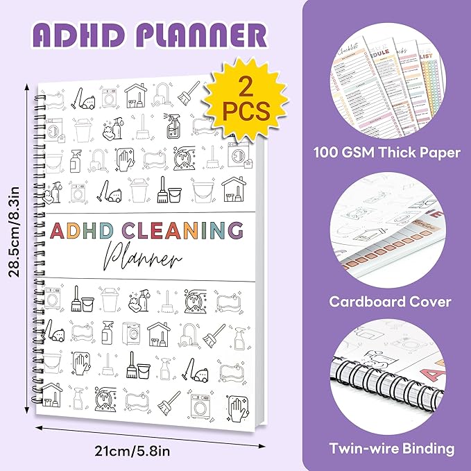 Adhd Planner Daily Cleaning Organizer - 2PCS Chore Chart Schedule and Checklist - Adhd Household Needs Organization Weekly Monthly Yearly Home Family Full Focus Routine Clean Planners for Adults Women