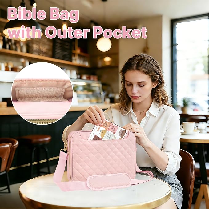 PUGPIU Bible Cover Case for Women, Large Quilted Bible Bag with Shoulder Strap and Handle, Bible Study Supplies Journaling Kit with Highlighters Pens No Bleed Tabs Notebook Cross Clips (Pink)