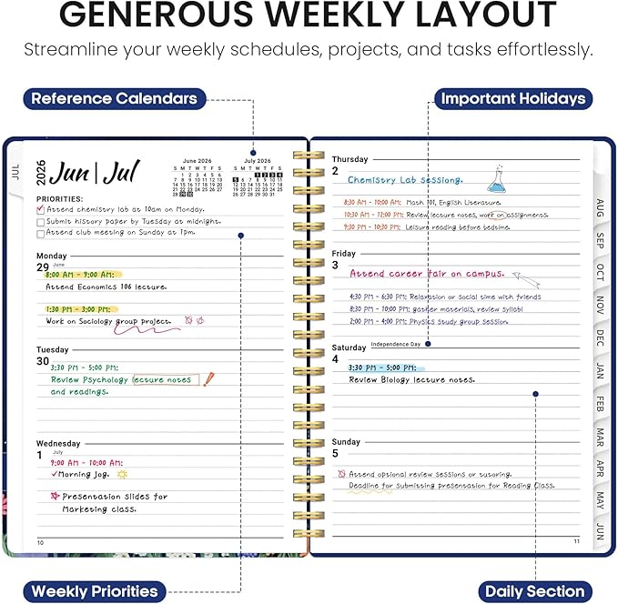 Planner 2026-2027, Academic Year Monthly and Weekly Calendar Planner, Jul 2026 - Jun 2027, Hardcover Teacher Student Planning Agenda book with Tabs, Perfect for School Office Supplies, 6.3" x 8.5" - Lavish Bloom