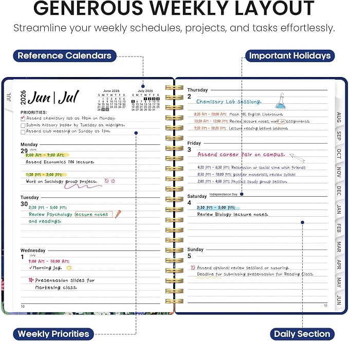 Planner 2026-2027, Academic Year Monthly and Weekly Calendar Planner, Jul 2026 - Jun 2027, Hardcover Teacher Student Planning Agenda book with Tabs, Perfect for School Office Supplies, 8.5" x 11" - Lavish Bloom