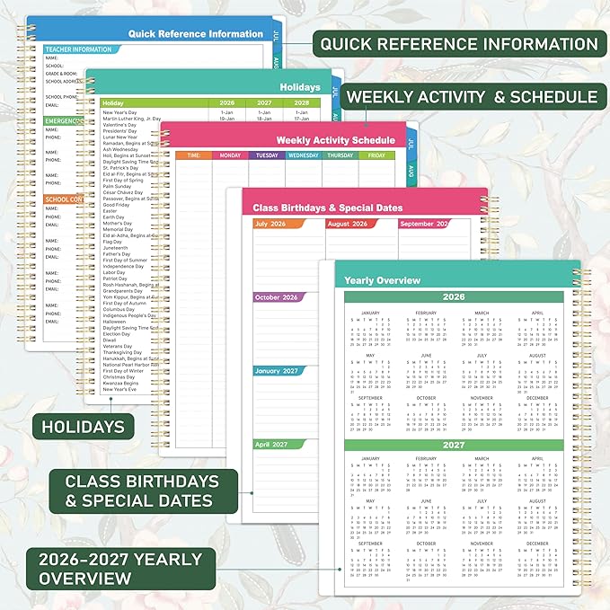 Teacher Planner 2026-2027, Teacher Lesson Planner 2026-2027, July 2026 - June 2027, 8.42" x 11.02", New Version Inner Paper with Spiral Bound, Colorful Monthly Tabs