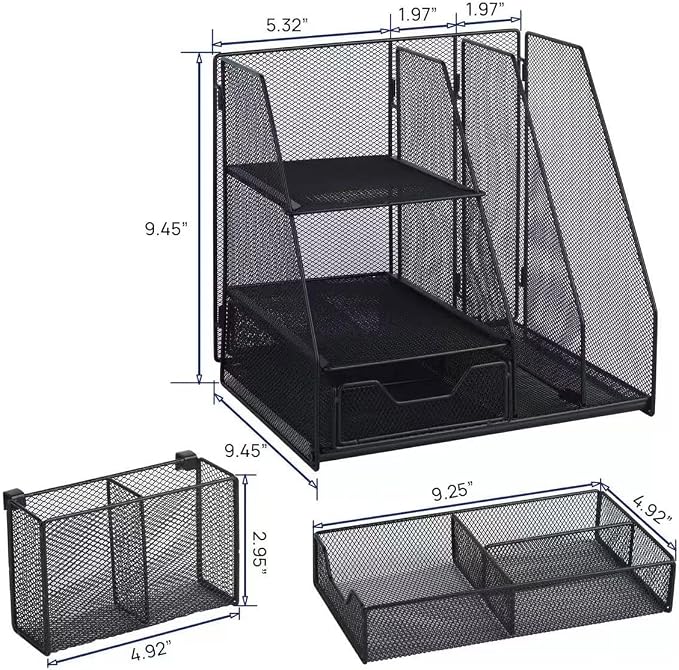 Black Mesh Desk Organizer Set, 3-in-1 Office Organizer with File Holder, Drawer & Accessories Tray, Multi-functional Desktop Storage for Stationery, Documents, Home & Office