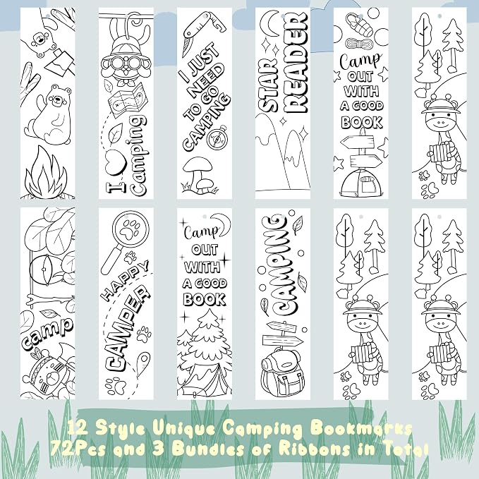 ANGOLIO 75Pcs DIY Coloring Bookmarks - Summer Camping Theme Blank Bookmarks for Kids Students, School Classroom Home DIY Art Crafts Summer Birthday Party Favors, Reading Rewards, Goodie Bag Fillers