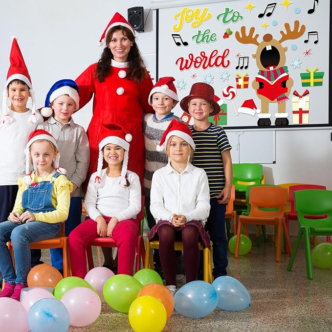 Christmas Deer Music Bulletin Board Door Decorations Xmas Joy to The World Classroom DIY Photo Crafts Singing Elk Snowflake Paper Cutouts Winter Party Favors School Home Chalkboard Door Decor Supplies