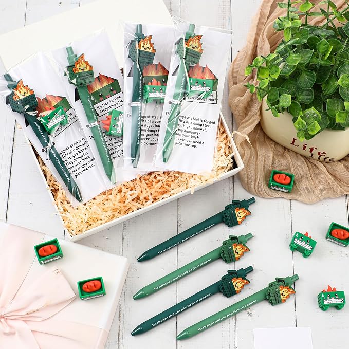 Sayglossy 24 Set Dumpster Funny Desk Accessorie Employee Appreciation Bulk Teacher Graduation End of Year Positive Coworker CNA Nurse Thank You Inspirational Pen Mini Figurine Card Bookmark (Green)