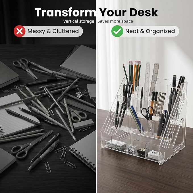 4-Tier Clear Acrylic Pen Holder for Desk, 20 Compartments Marker Storage Organizer, Space-Saving Vertical Stationery Rack for Art Supplies, High-Capacity Desktop Office Storage